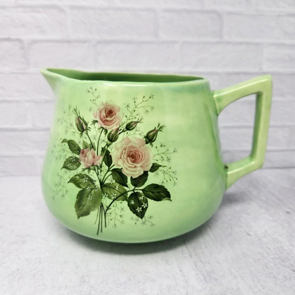 Green & Pink Ceramic Jug Pitcher Vase with Rose Floral Pattern, Cottage Flowers